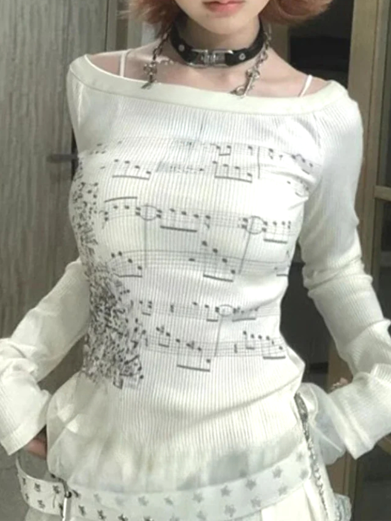 음악 노트 프린트 긴팔 탑 여성 라운드넥 캐주얼 한국  - Music 리뷰 및 가격